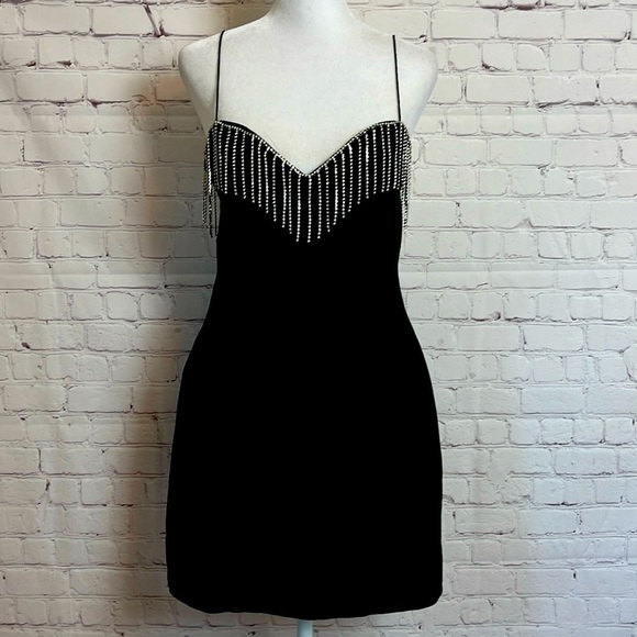 Zara Rhinestone Fringe Black Mini Dress - Picture 1 of 12